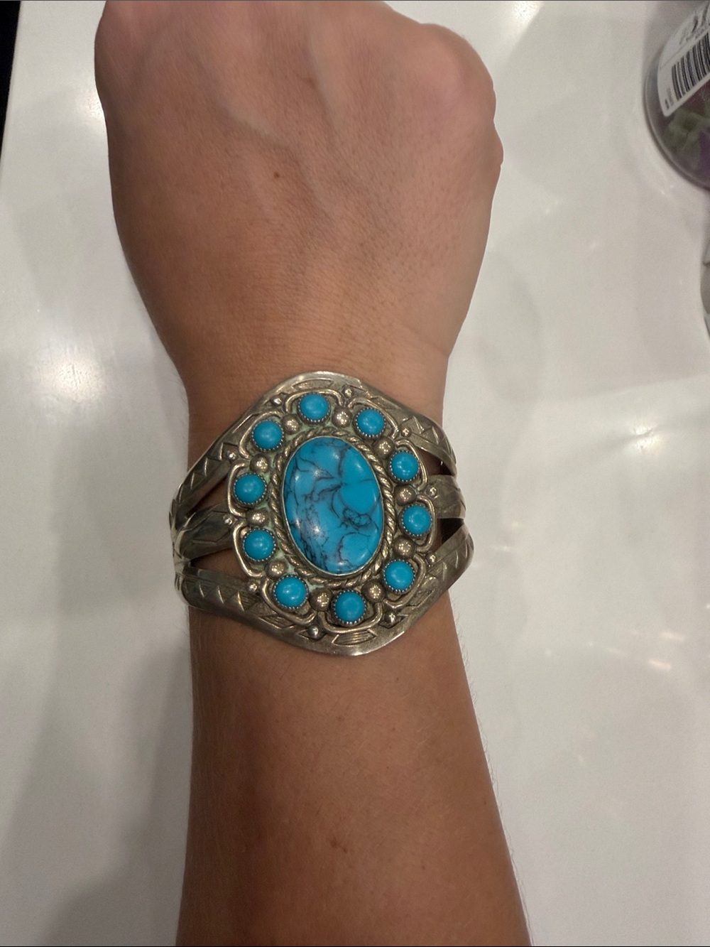 Bell Trading Post Nickel Silver Southwest Faux Turquoise cluster cuff bracelet